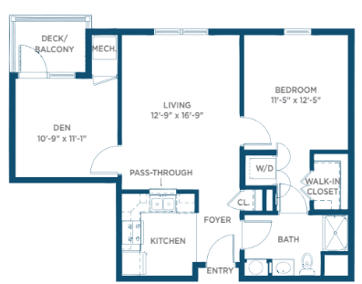 A floor plan of a one-bedroom apartment featuring a living room, kitchen, bathroom, and balcony.