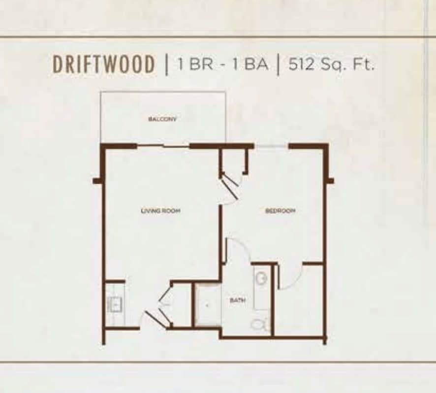 Floor plan of the Driftwood model with 1 bedroom, 1 bathroom, spanning 512 square feet.