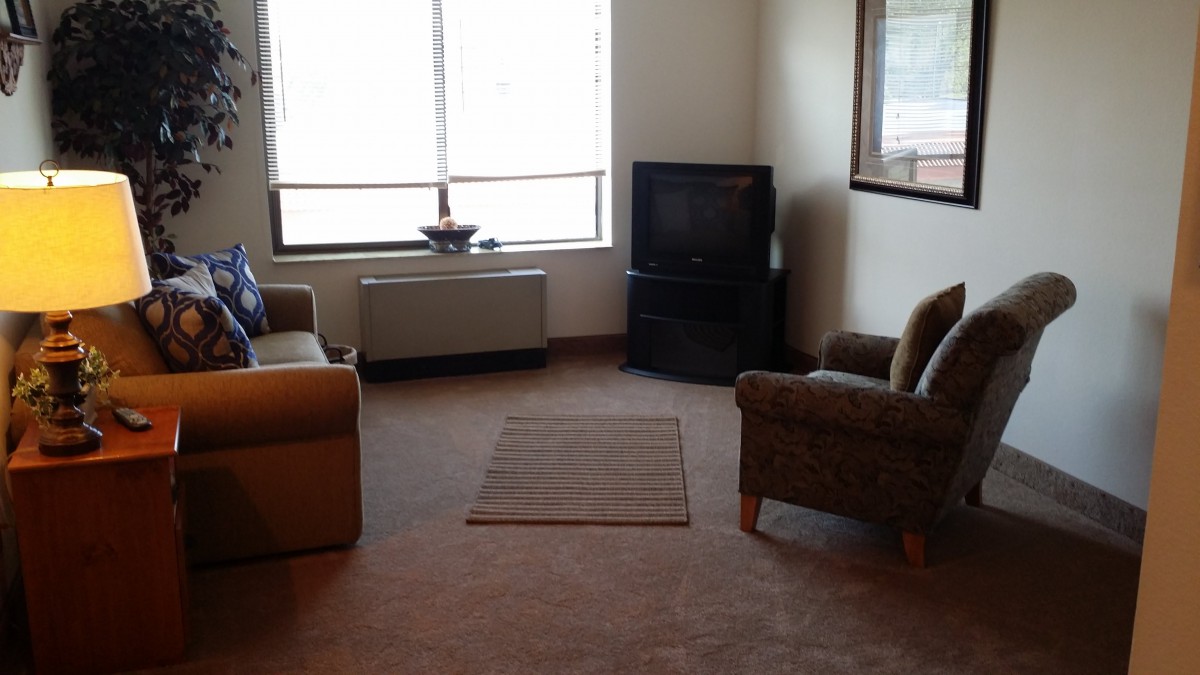 A cozy living room with a sofa, armchair, and TV set near a window.