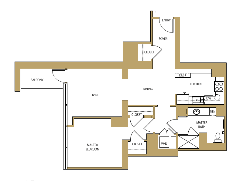 A floor plan of an apartment showing the layout of rooms and spaces.