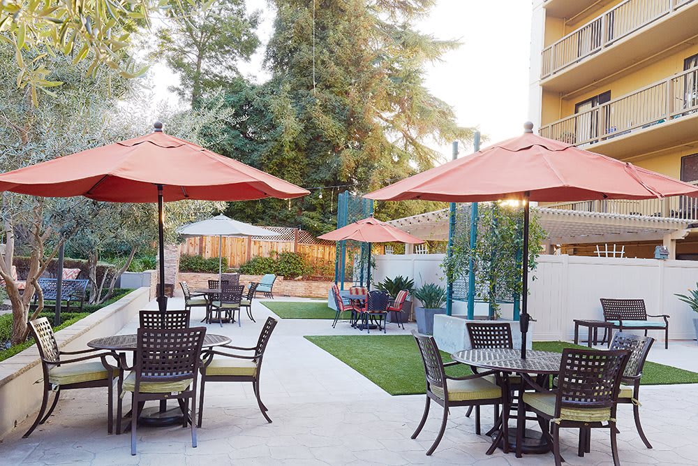 A well-furnished outdoor patio area with tables, chairs, and umbrellas set amidst a landscaped garden.