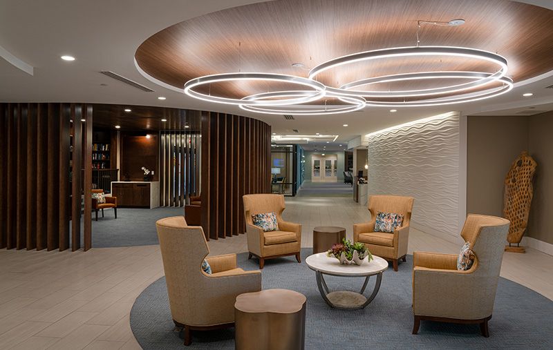 A modern lobby with comfortable seating and contemporary design elements.