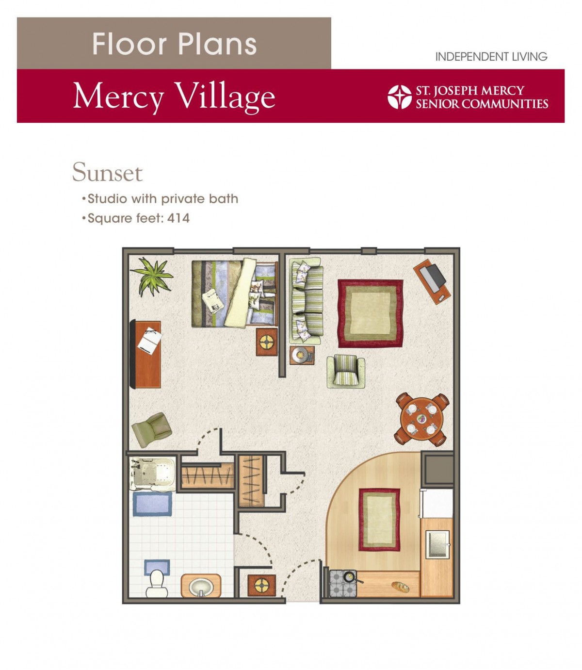 A floor plan of the 'Sunset' one-bedroom apartment at Mercy Village, featuring a living area, kitchen, and bathroom.