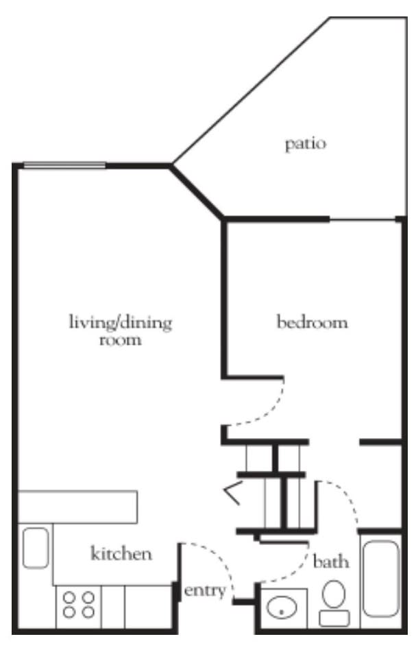 A floor plan of a one-bedroom apartment featuring a living and dining room, bedroom, and patio.