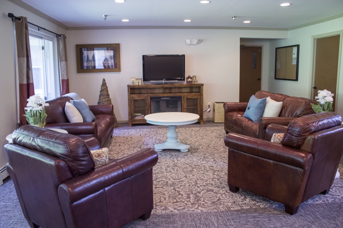 A cozy living room featuring leather sofas, a central coffee table, and a television.