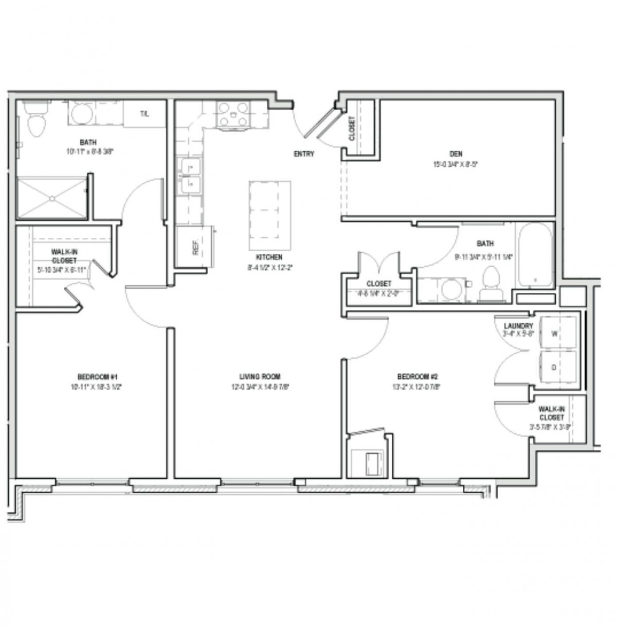 A detailed floor plan of an apartment, showcasing the layout and room arrangement.