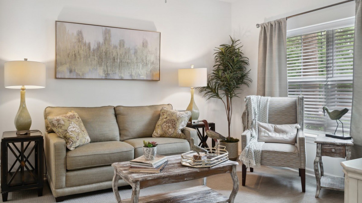 A cozy living room with a sofa, coffee table, and decorative elements.
