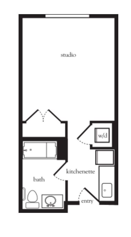A floor plan of a studio apartment featuring a kitchenette, bathroom, and open living area.