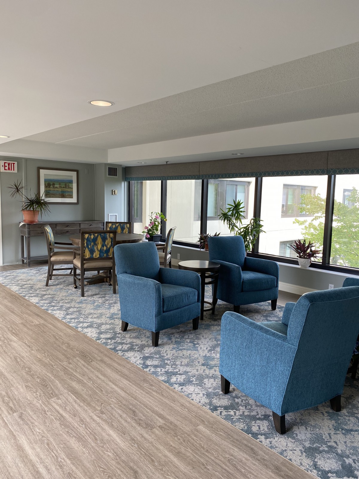 Bright and cozy living space with blue armchairs and large windows.