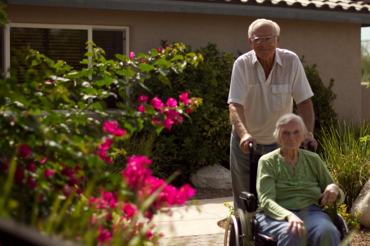 An elderly couple enjoying a sunny day in the garden, with one person in a wheelchair.