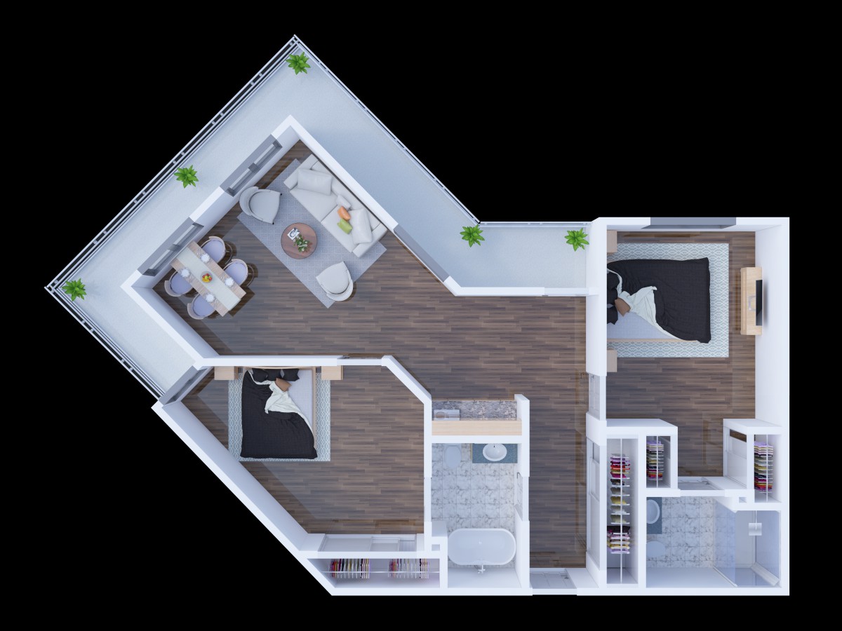 A modern apartment floor plan with two bedrooms, a kitchen, and a living area.