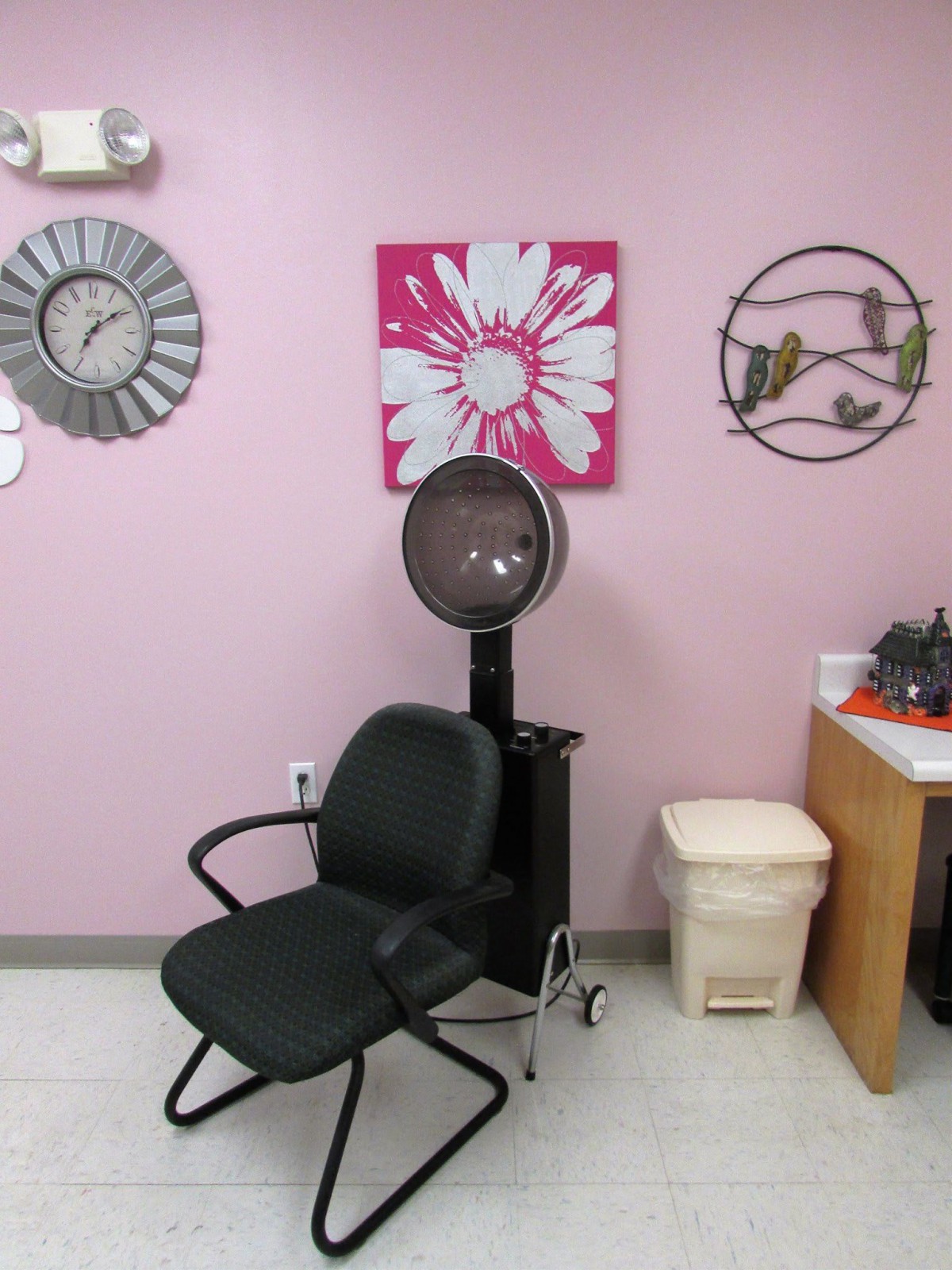 A hair salon interior featuring a dryer chair against a pink wall with decorative artwork.