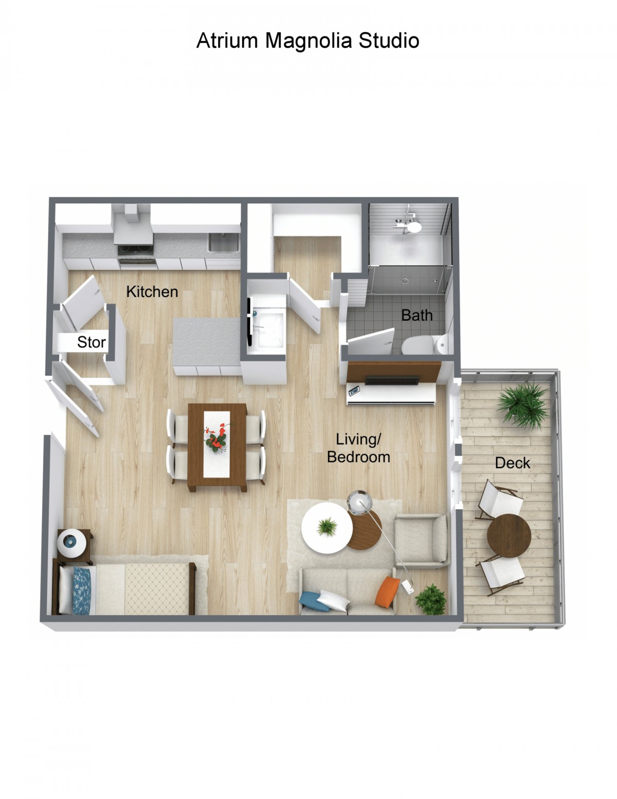 A detailed floor plan of a modern one-bedroom apartment featuring an open living and dining area, a kitchen, a bathroom, and a balcony.