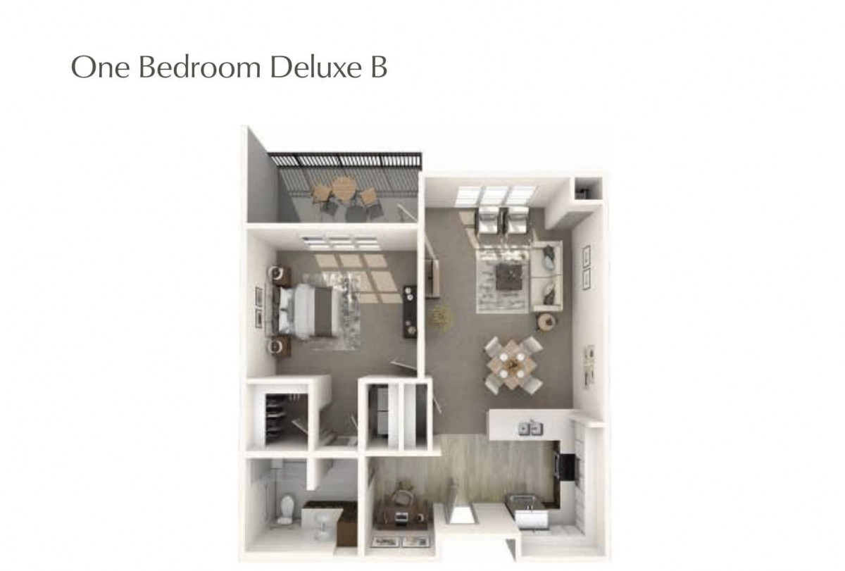 A 3D floor plan diagram of a Bedroom Deluxe B apartment layout.