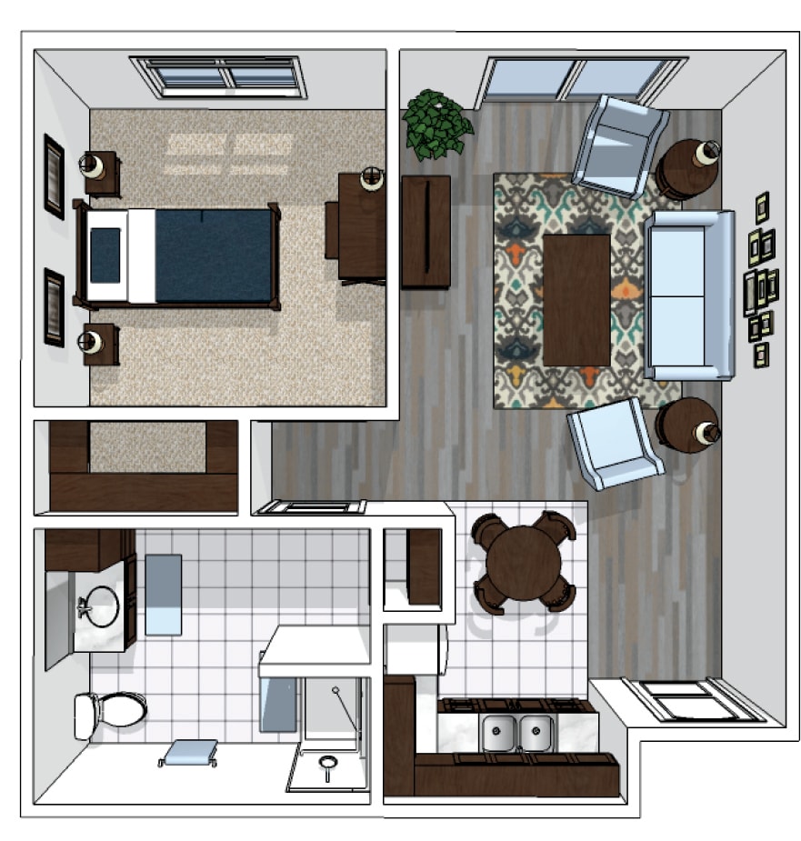 A floor plan of a one-bedroom apartment featuring a living room, kitchen, bathroom, and bedroom with furniture arrangement.