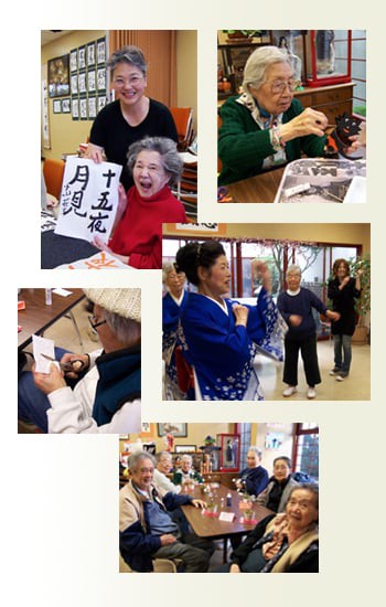 Elderly individuals engaging in calligraphy and cultural activities, enjoying a lively group event.
