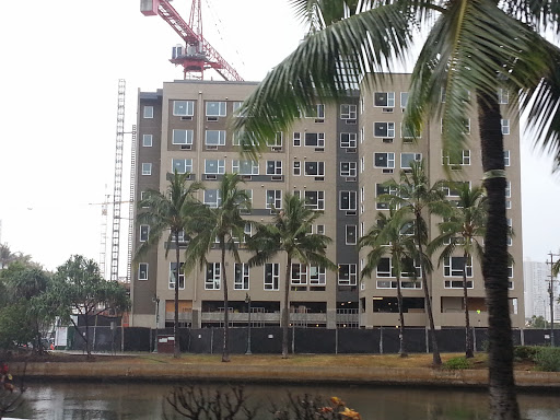 A construction site featuring a multi-story building beside a waterfront, surrounded by palm trees.