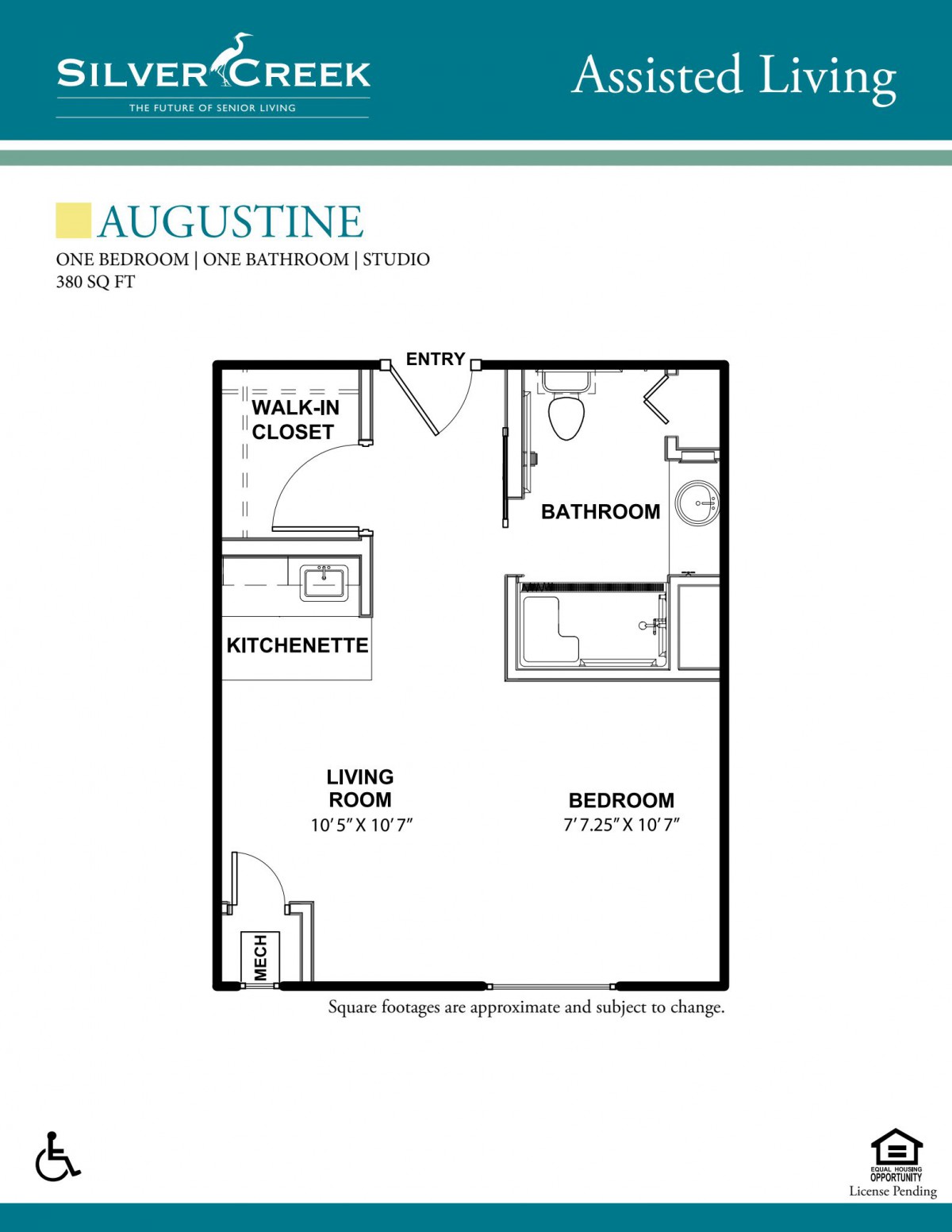 A floor plan of a one-bedroom, one-bathroom apartment with a kitchenette and living room.