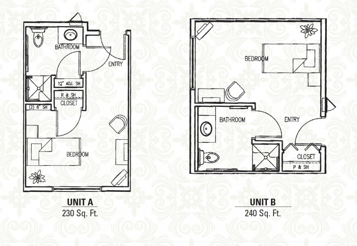 Floor plans for two small apartment units, Unit A and Unit B, showing interior layouts and square footage.