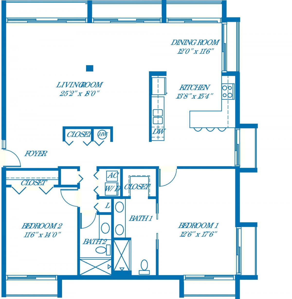 Architectural floor plan of an apartment with labeled dimensions.