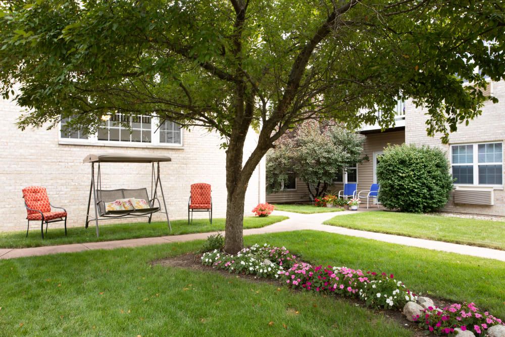 A well-maintained garden with a tree, swing, and colorful flowers.