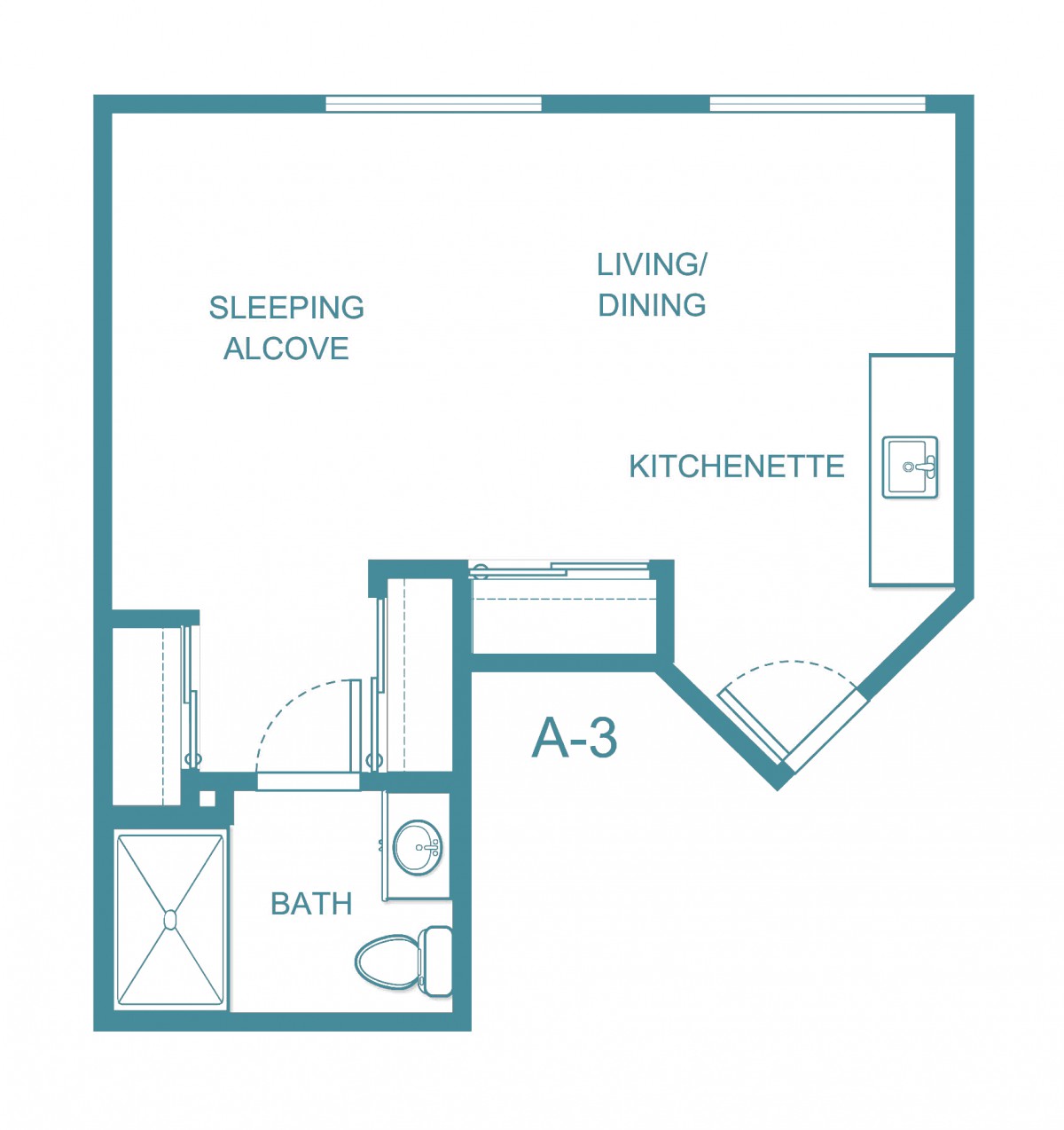 A compact studio apartment floor plan featuring a sleeping alcove, living/dining area, kitchenette, and bathroom.
