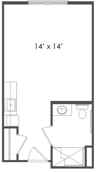 A floor plan featuring a 14' x 14' room with an attached bathroom.