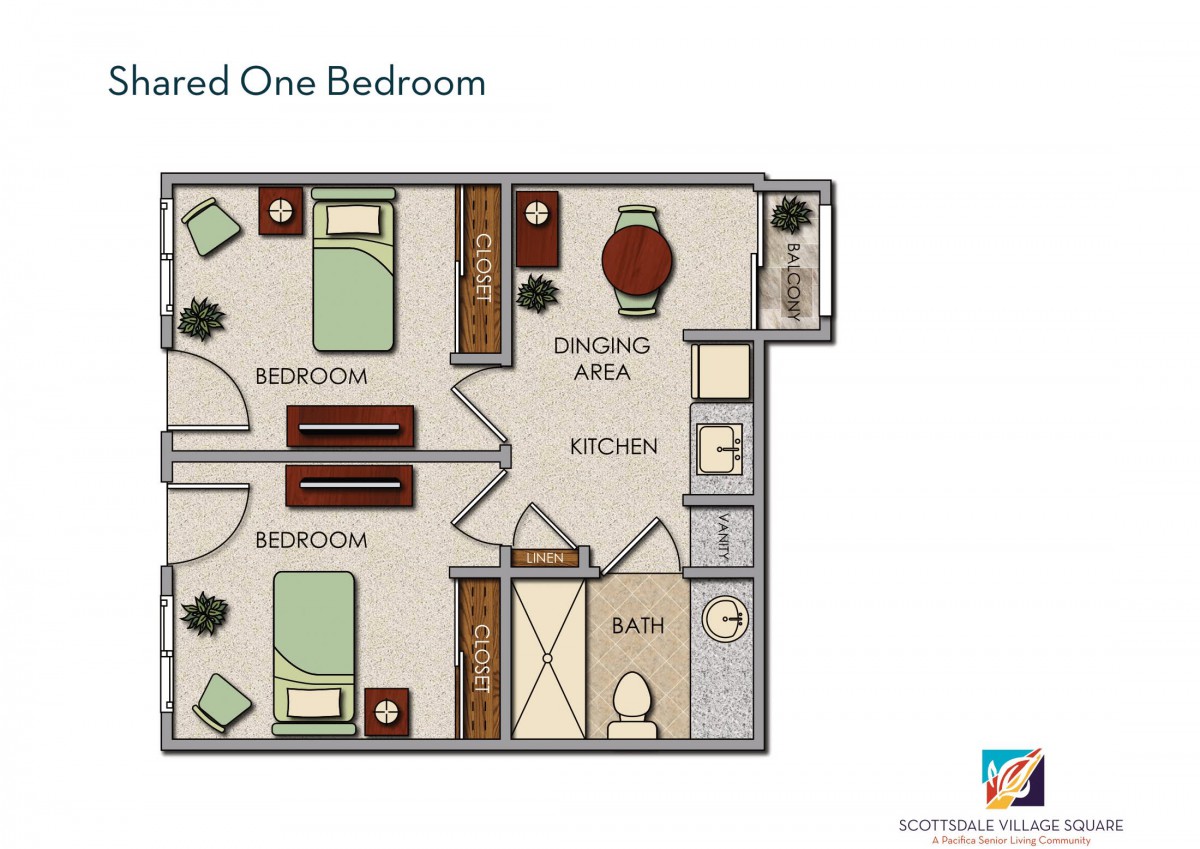 Floor plan of a two-bedroom apartment showing bedrooms, bathroom, kitchen, and dining area.