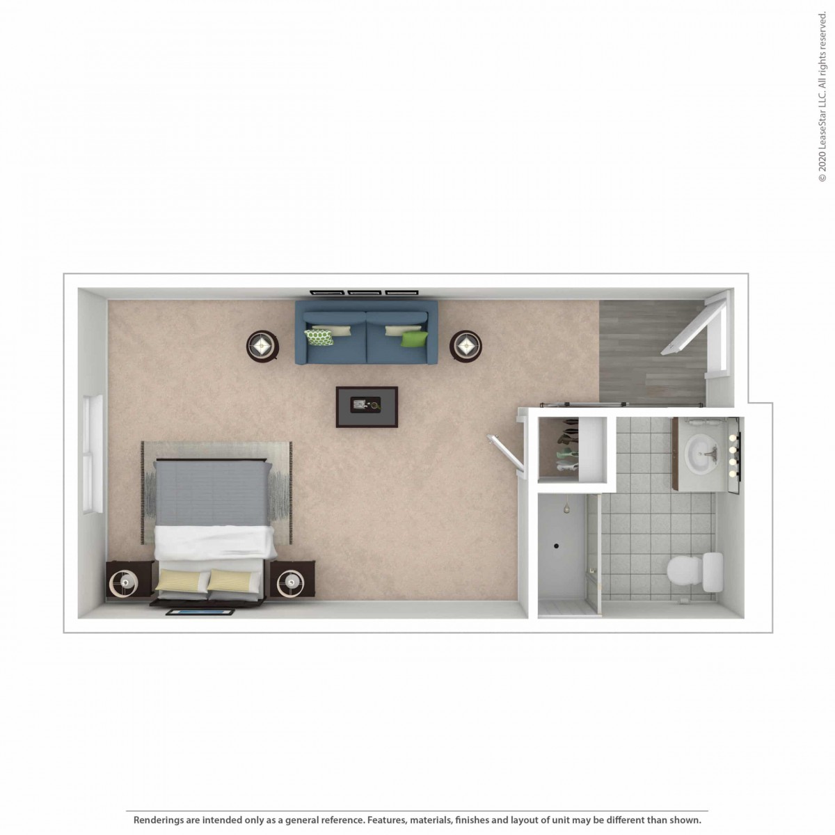 A top-down view of a bedroom floor plan featuring a bed, two side tables, a TV with console, and an attached bathroom.