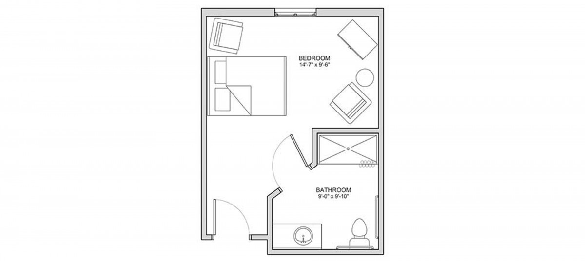 A simple floor plan depicting a small bedroom and bathroom layout.