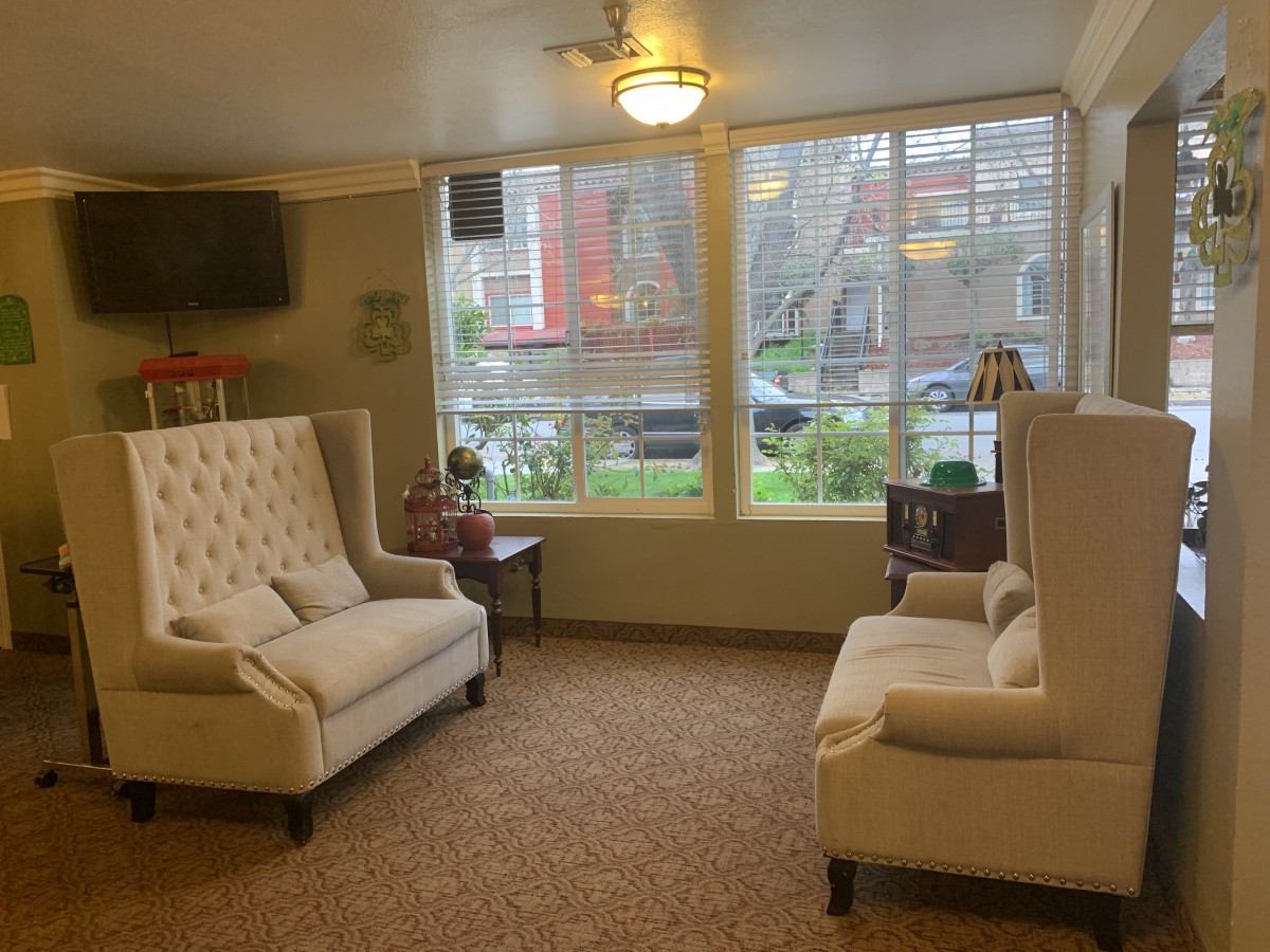 A cozy living room with two white sofas facing each other, a large window providing natural light, and warm decor.