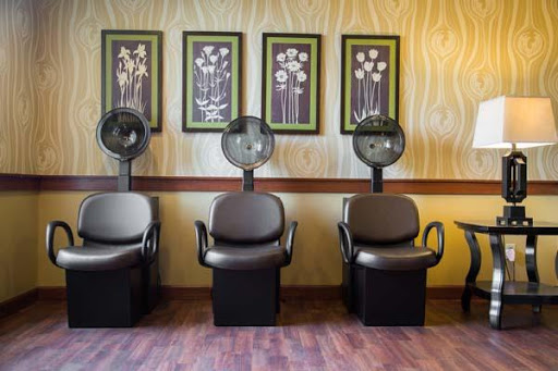 A serene interior of a hair salon featuring stylish chairs and wall decor.