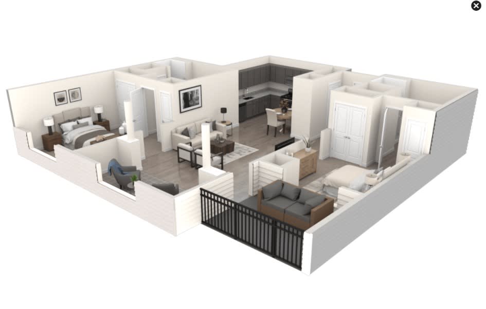 3D floor plan of a modern apartment layout with living room, kitchen, and bedrooms.