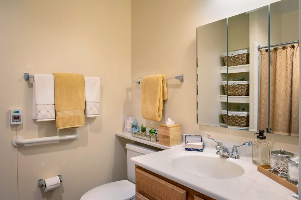 A tidy bathroom with a countertop sink, mirror, and neatly arranged towels.