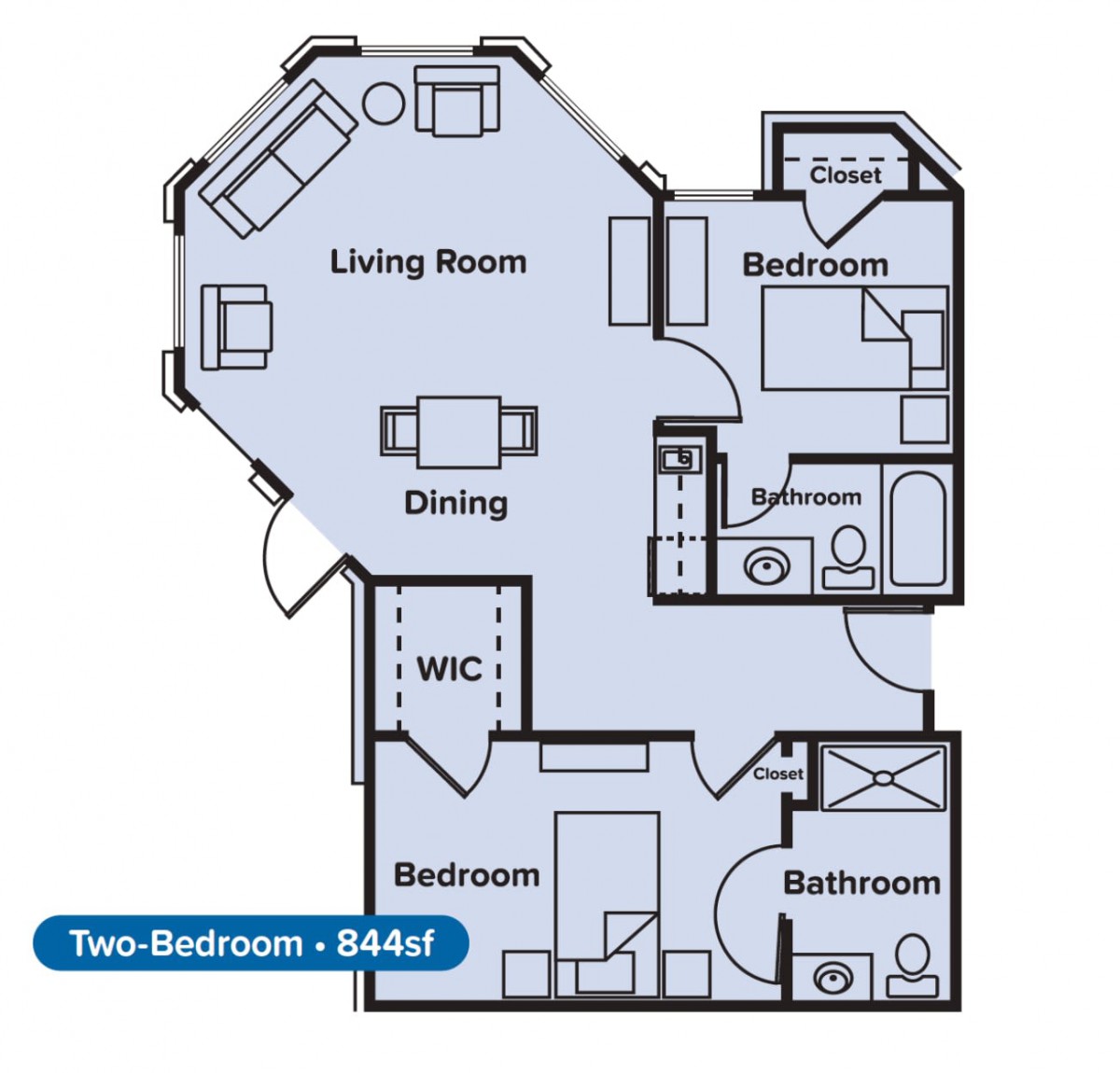 Floor plan of an 840 sq ft two-bedroom apartment featuring a living room, dining area, kitchen, two bedrooms, and a bathroom.