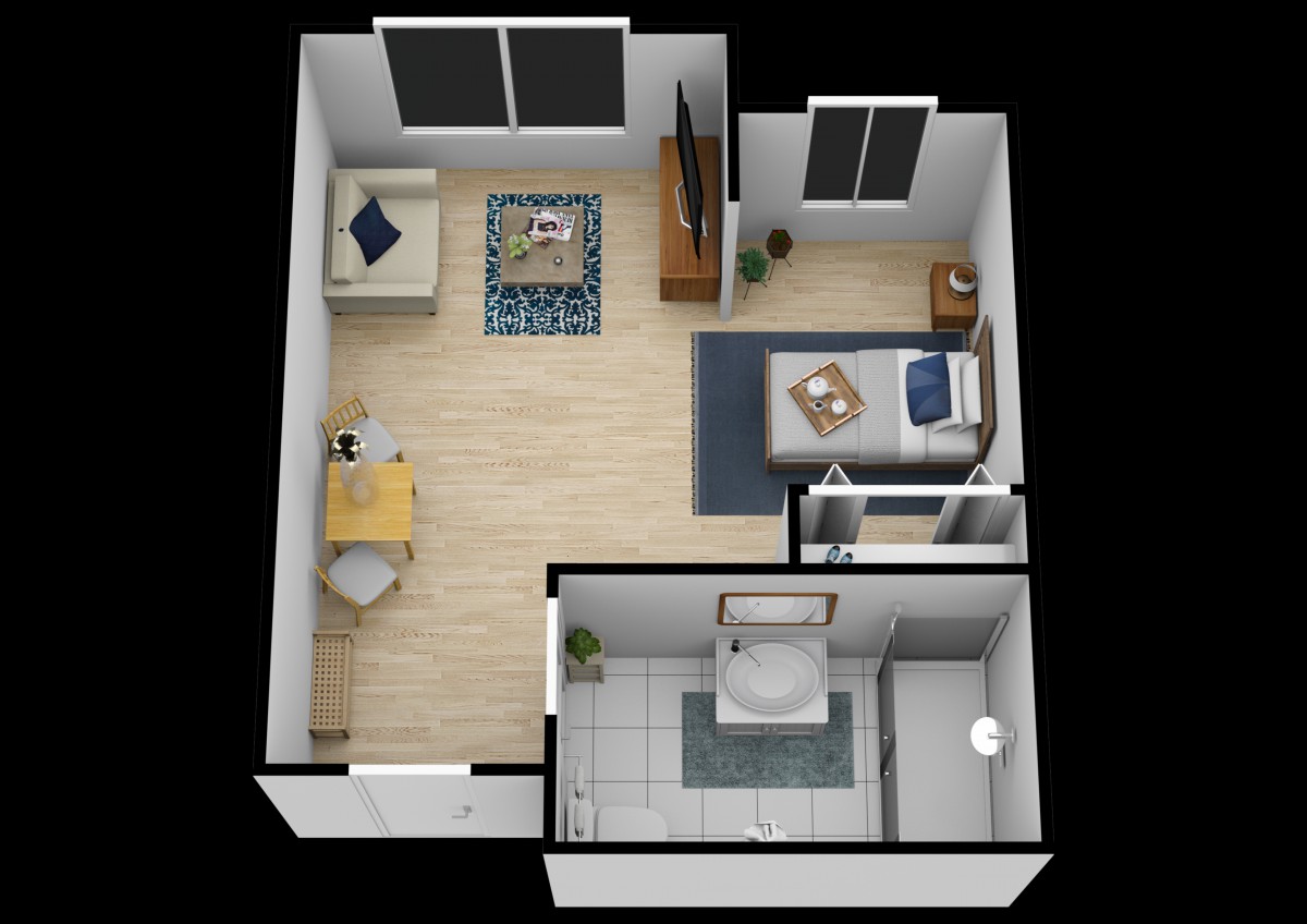 A 3D floor plan showing a compact apartment layout with a living area, bedroom, and bathroom.