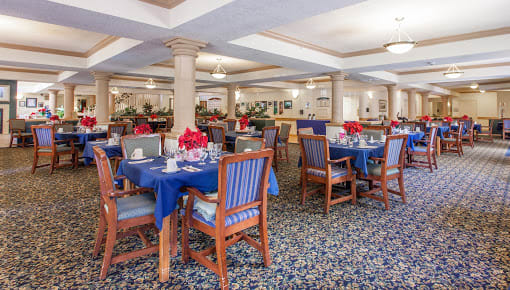 An elegantly decorated dining area with neatly arranged tables and chairs.