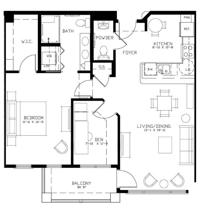 A floor plan depicting the layout of an apartment with labeled rooms and areas.