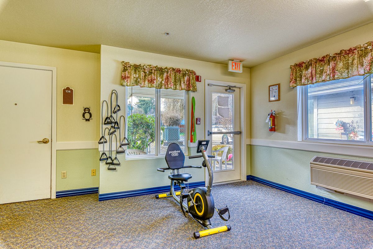 A small exercise room with a stationary bike and bright natural lighting.