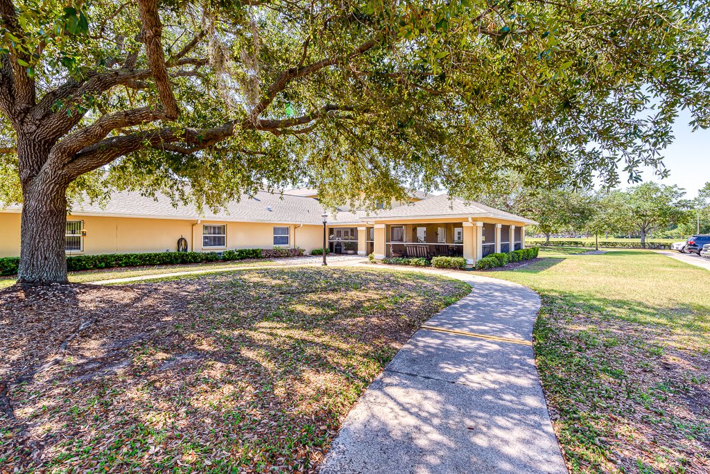 A inviting single-story house with a curved pathway and large, shady tree in the front yard.