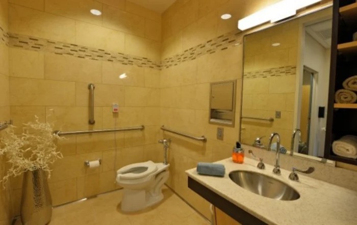 An accessible bathroom with tiled walls, featuring a toilet, sink, mirror, and handrails for support.
