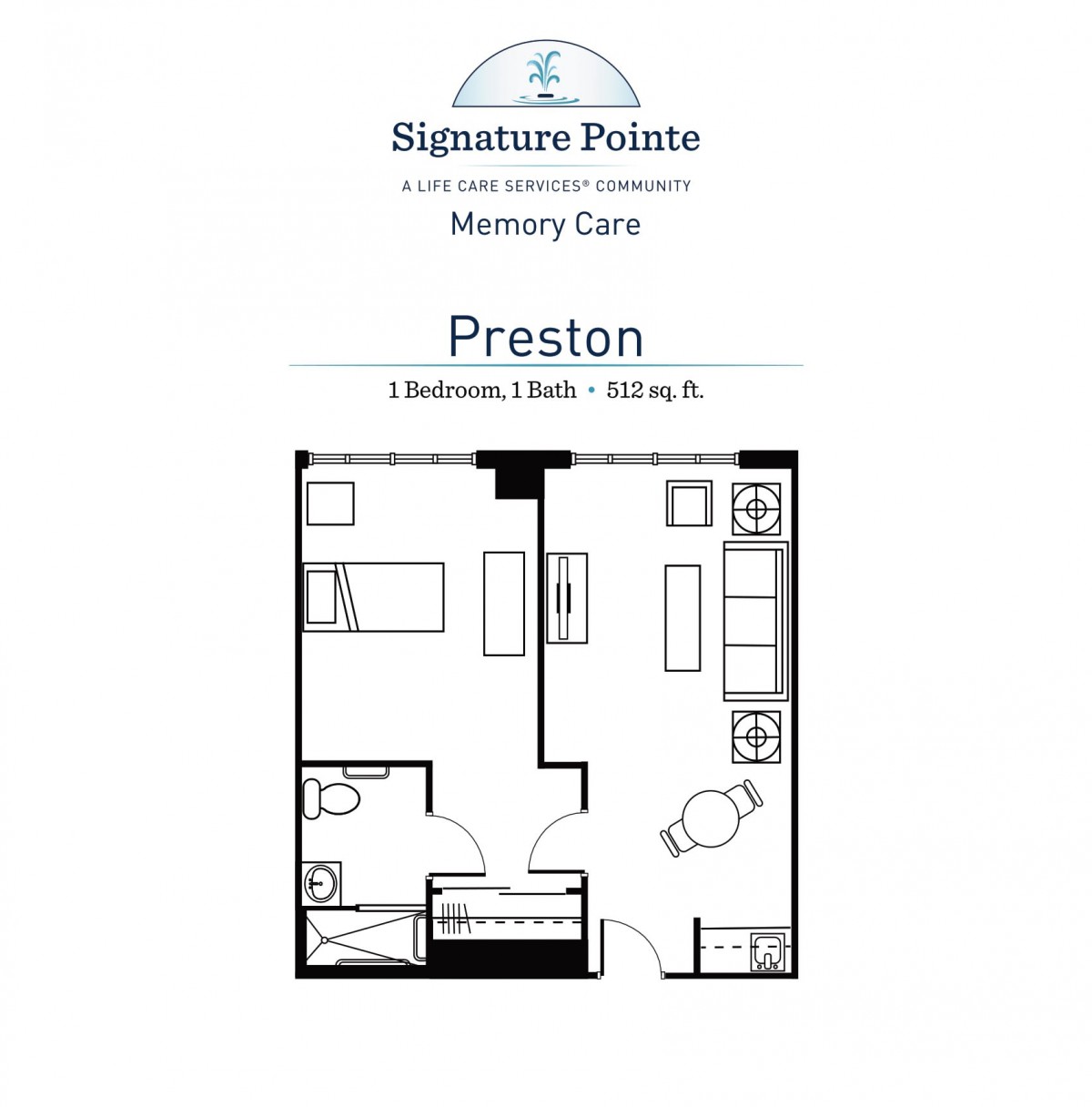 A floor plan for a two-bedroom memory care unit at Signature Pointe.