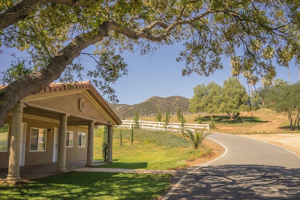 A picturesque countryside scene with a house, winding road, and lush greenery under a clear blue sky.