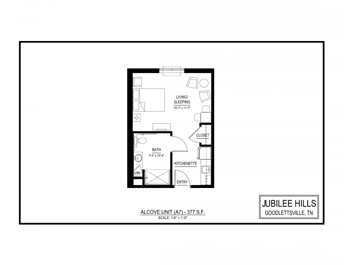A floor plan depicting a compact living space with designated areas for a bedroom, bathroom, and kitchenette.