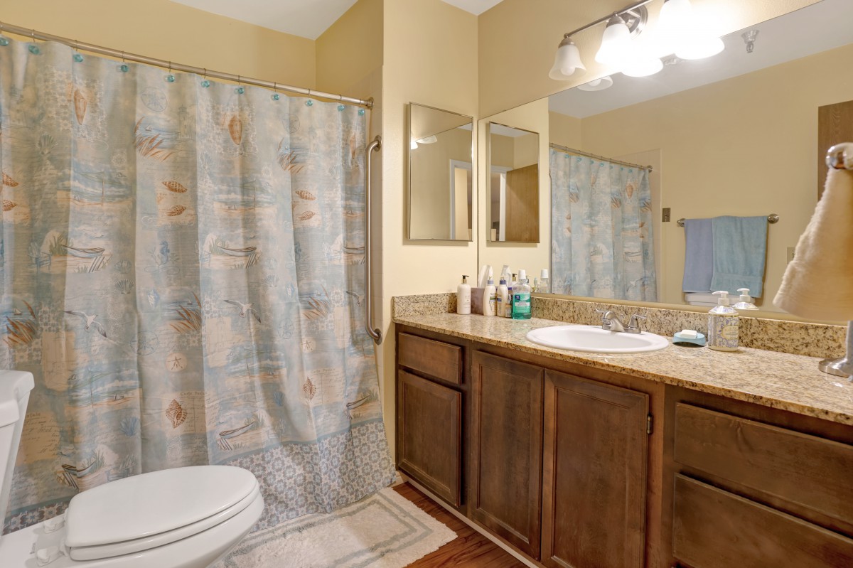 A well-lit bathroom with a wooden vanity, sink, and shower curtain.