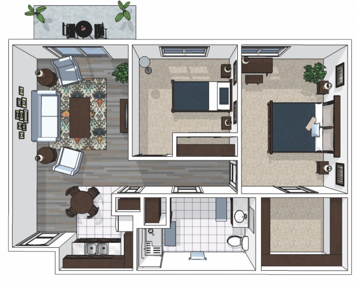 A floor plan of a modern apartment showing the arrangement of rooms including bedrooms, living area, kitchen, and bathroom.