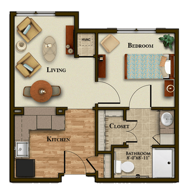 A one-bedroom apartment floor plan showing the layout of the living room, kitchen, bedroom, bathroom, and closet.