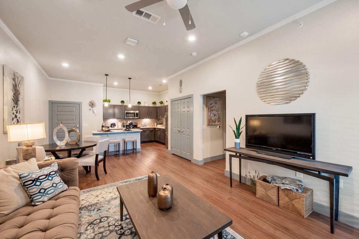 A modern open-concept living room and kitchen area with stylish decor and wood flooring.