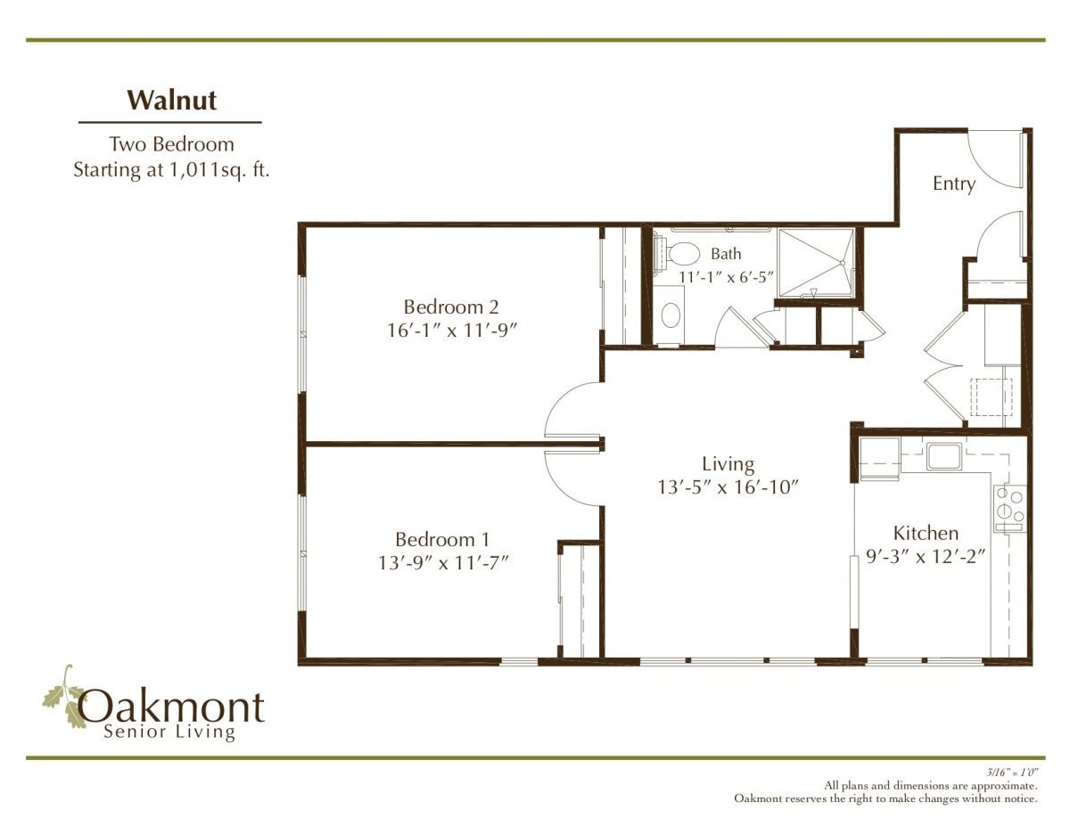 A detailed floor plan of a two-bedroom apartment layout.