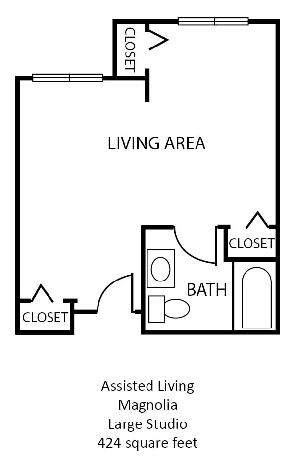 A simple floor plan showing a living area, bathroom, and closets.